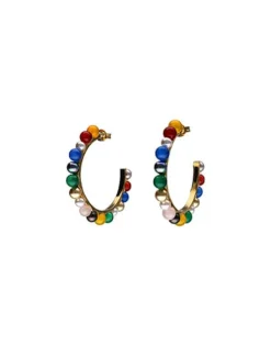 Pearl Hoop Earrings|Majorica Tutti Frutti Gold Hoop Earrings With Multicoloured Agates